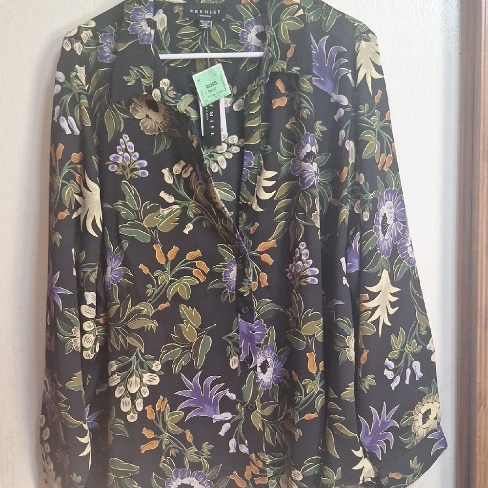 Premise Black Floral Button-Down Shirt with Purple & Green Accents